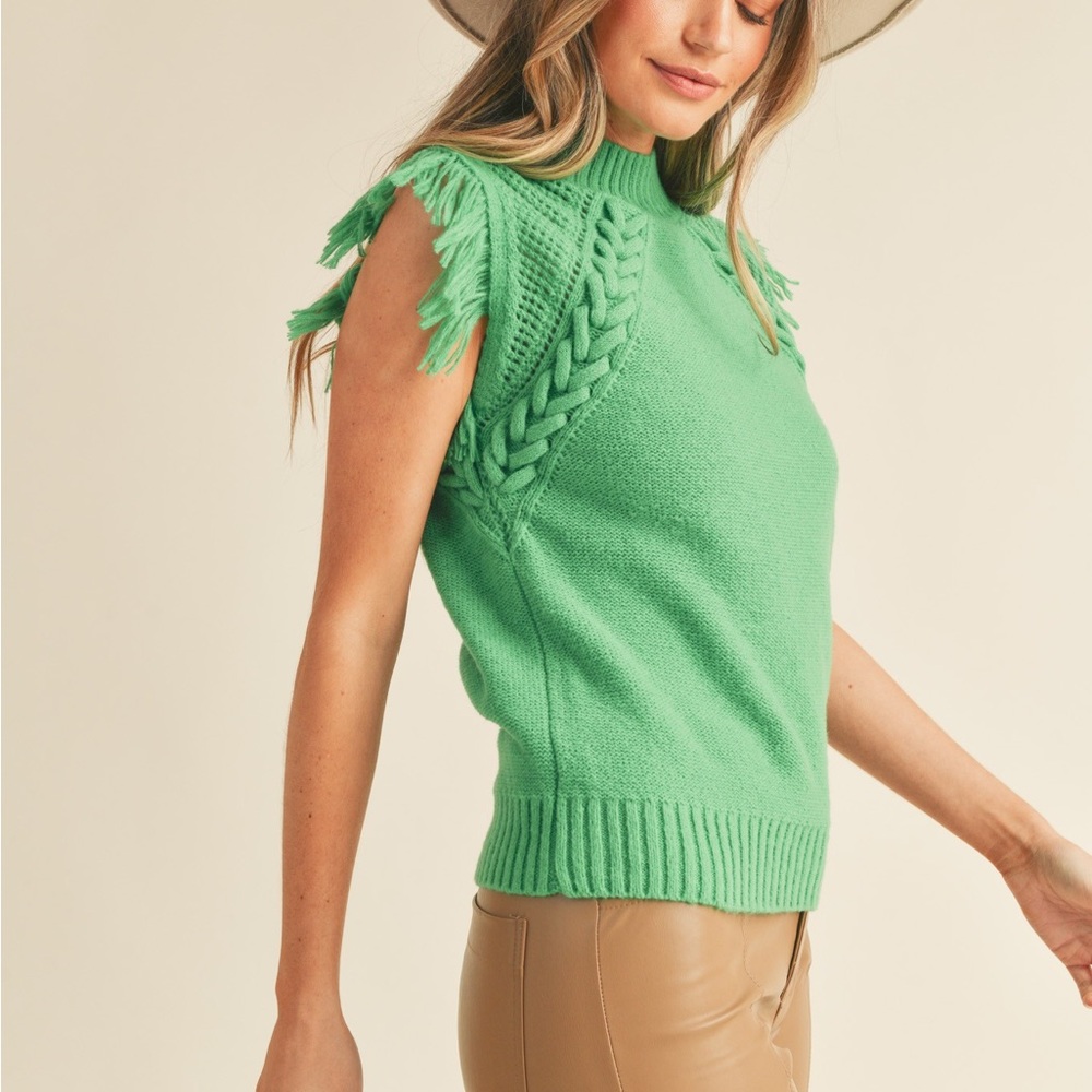 Green cable knit fringe short sleeve sweater - Picture 4 of 8